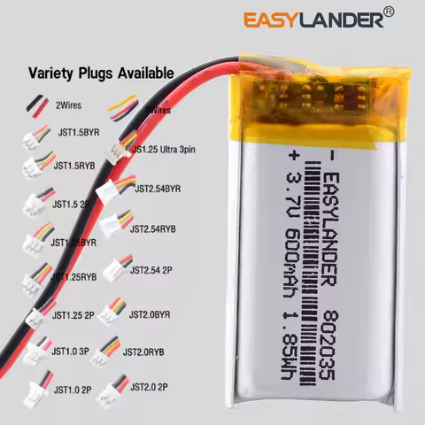 JST2.0mm 3Pin JST1.0 2P JST1.25 2P 802035 3.7V 600mAh Rechargeable Lithium Lipo Li-ion Polymer Batte
