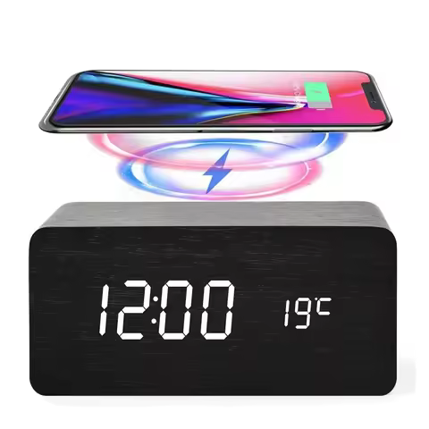 Wooden Digital LED Alarm Clock with Wireless Charging Time Date Temperature Display Desk Bedside Clo