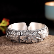 Pure Silver Niche Ladies Fashion a999 Lotus Bracelet Character Silver Product Open Embossed Bracelet
