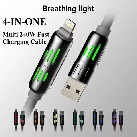 USB、Type C, lightning-Max 240W Fast Charging and Data Sync MFISH 4-in-1 Multi-Function USB Charging 