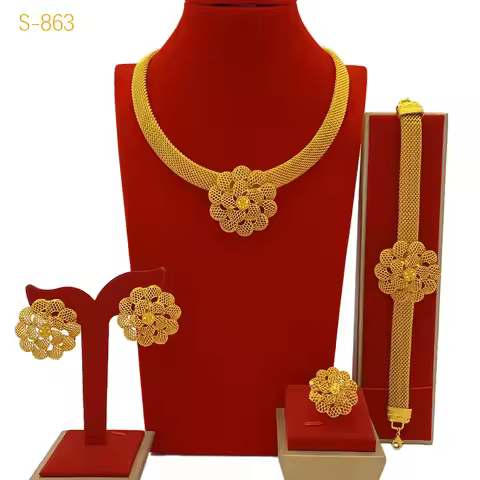 Luxury Wedding AU999 24K Gold Flower Jewelry Set! 4-Piece(Bracelet+Earrings+Ring+Necklace) Flatterin