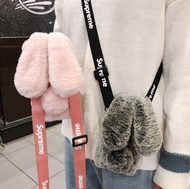 Plush Warm Case With lanyard For OPPO R15 Pro R15X R11 R11S Plus Cute Long Rabbit Ears Furry Fluffy Fur Cover For iPhone 6 Plus Casing