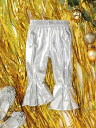 女嬰街頭風格高腰寬鬆長褲金屬銀色光澤效果喇叭褲春夏時尚派對風格
