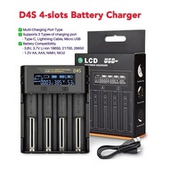 D4S LCD 4-Slots USB Smart Battery Charger 3.6V 3.7V Li-ion 18650 21700 16340 14500 26650 1.2V AA AAA