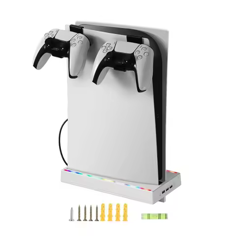 PS5 Wall Mount with RGB Light, PS5 Stand with 3 USB Port, 4 in 1 PS5 Wall Mount Kit with 2 Controlle