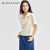 GIORDANO ผู้หญิง เสื้อโปโล คอวี เสื้อโปโลผ้าวาฟเฟิล ฤดูร้อน แขนสั้น แฟชั่นเรียบง่าย เสื้อโปโลลำลอง F