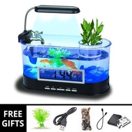 USB Desktop Mini LED Aquarium Fish Tank Stationery Case &amp; Clock Alarm New Design with Water Pump