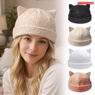 SIRENU8Y0C Cat Ears Landlord Hat, Brimless Lace Flower Melon Skin Hat, Fashion Breathable Adjustable