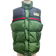 成色極佳 □ GUCCI 698713 織帶條紋 Logo 貼片拉鍊羽絨背心，綠色/黑色，44 碼，義大利製造，正品男士