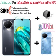 BLKNAIM (3-In-1) สำหรับ Infinix Note12 Note 2023 Note 12 Pro 4G NFC G99 X676C 6.7 "ฟิล์มปกป้องหน้าจอกระจกนิรภัยใสฟิล์มหลังกระจกกล้องถ่ายรูป + ฟิล์มเลนส์กล้อง + ฟิล์มด้านหลังคาร์บอนไฟเบอร์3D