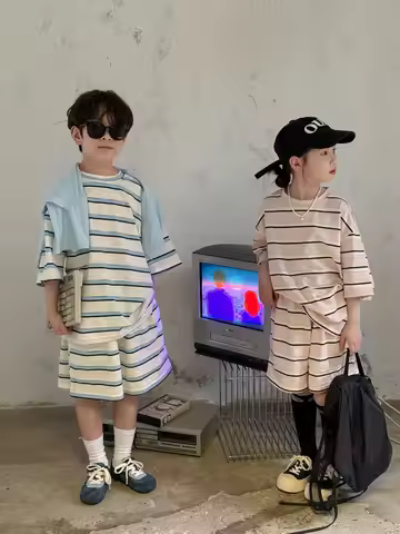 Children Short Sleeve Striped Clothes Set 2-10 Years Summer Boys Girls O-neck Casual T Shirts + Shor