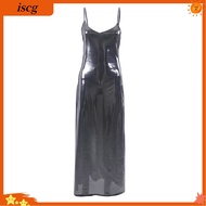 Women Club Dress Glossy Surface Spaghetti Strap Backless Sleeveless Low-cut Dress-up V Neck Soft Pro