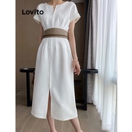 COD Lovito Elegant Plain Split Dress for Women LNE20153 (White) Lovito Gaun Belahan Polos Elegan unt