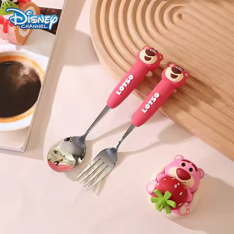 Disney Lotso Stainless Steel Fork Spoon Kawaii Strawberry Bear Home Baby Silica gel Tableware School