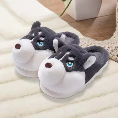 Plush Husky Slippers Cartoon Animal Slippers Anti Slip Slip-on House Shoes Comfortable Fuzzy Dog Sli