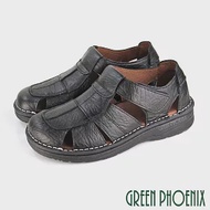 【GREEN PHOENIX】男 涼鞋 護趾 鏤空 手工 寬帶 全真皮 沾黏式 平底 台灣製 US6 黑色