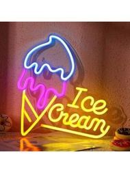 冰淇淋霓虹燈,冰淇淋圖案,黃色,藍色和粉色led燈,usb供電,字母招牌,適用於臥室,餐廳,咖啡館,飲品吧和商業冰淇淋店