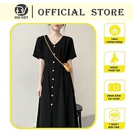 Váy sơ mi cổ V dáng suông dài basic vintage Hàn Quốc đơn giản nhẹ nhàng Đũi Việt DV194