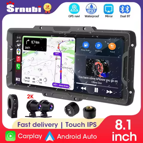 Srnubi Portable 8.1 inch IP67 Waterproof Motorcycle 2K DVR GPS Navigation Wireless Carplay Android A