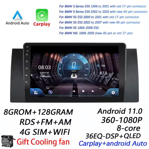8GRAM+128GROM For BMW E39 E53 X5 M5 DSP 2 din Android 11.0 4G NET Car Radio Multimedia Video Player 