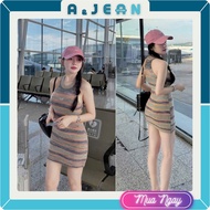 Very pretty slim fit striped wool dress with halter neck | AJEAN STORE
