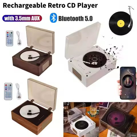 Retro CD Player Rechargeable Wireless Bluetooth 5.0 Speaker Portable Home Music Player USB 3.5mm AUX