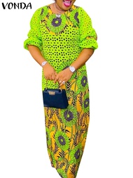 VONDA ชุดแมกซี่เดรสคอกลมปลอกแขนแบบมีระบายยาวพิมพ์ลายชุดเดรสสตรีฤดูใบไม้ร่วง