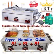 TKTT 3 x 8 Liters Triple Commercial Gas Deep Fryer Oden Noodle Combo Western Fast Food Cooking Stove