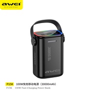 Awei P15K 30000mAh PD 100W Power bank 2 Type-C 1 22.5W USB A Colorful breathing light Leather handle flashlight function powerbank for outdoor and emergency