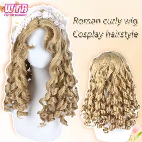 Lolita Wig Female Synthetic Long Curly Wig Retro Roman Long Curly Blonde Bangs Natural Simulation Ha
