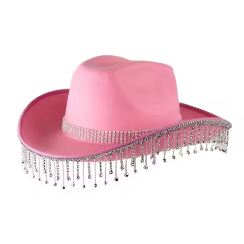 Rhinestone Fringe Western Cowboy Hat Tiara Cowgirl Hat Western Style Girl Wide Brim Felt Cowgirl Cap