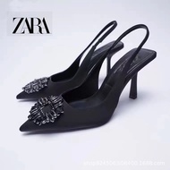 Zara Women's Shoes Black High Heels Pointed Toe Classy Chanel Style Mules Rhinestone Pointed Toe Square Buckle Stiletto Shoes