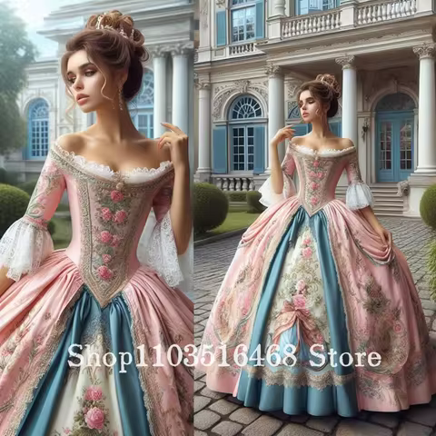 Customized Dreamy Pink Glamorous Vintage Victorian Ball Gown Floral Lace Corset Printed Embroidered 