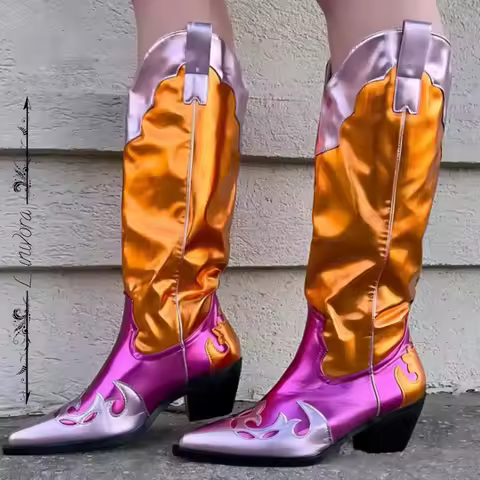 2025 High Quality Metallic Cowboy Western Boots Pointed Toe Chunky Heels Patchwork Mid-calf Cowgirl 