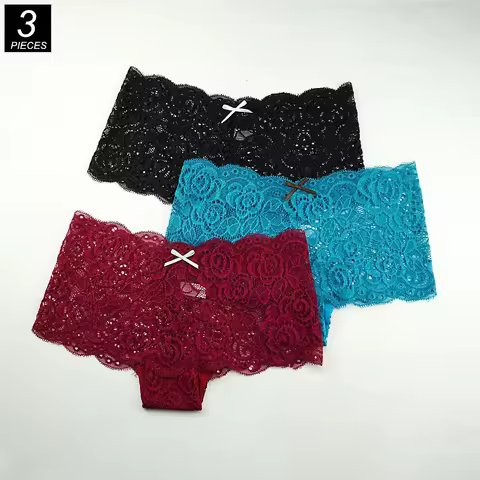 3PCS Transparent Boyshorts Women Underwear Lace Boxers Ladies Plus Size M-XXL Hollow Out Floral Pant