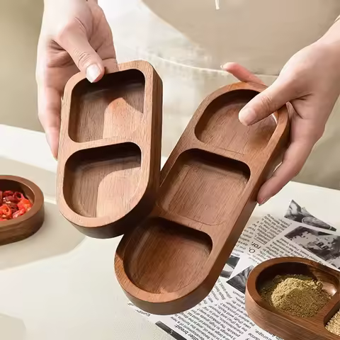 2/3 Grid Wooden Seasoning Dish Rectangle Tray Condiment Plate Breakfast Food Sushi Bread Dessert Sau