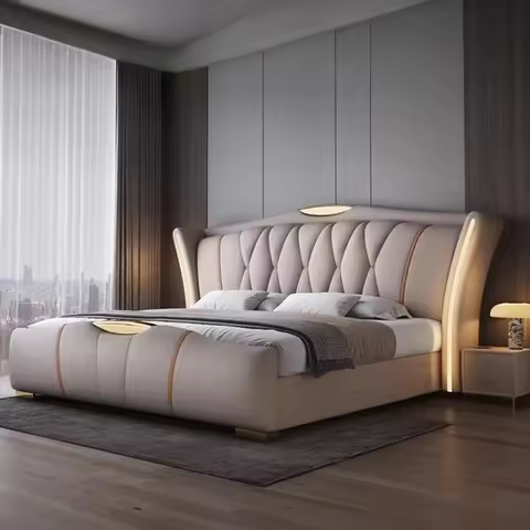 Home Leather bed with light modern minimalist lit 150x200 180x200 200x220 cm Double bed 2 people bed