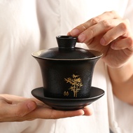 New Carved Gold-Embossed Black Ceramic Large Gaiwan Tea Bowl Ceramic Three-Talent Gaiwan Tea Ceremon