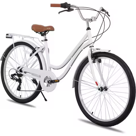 26 7-Speed Step-Through Cruiser Bike with Rear Rack for Men & Women, Retro City Commuter Cycle