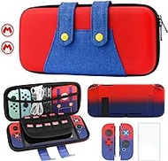 GLDRAM Carrying Case of Mario Theme for Nintendo Switch, Portable Switch Travel Accessories Bundle with Red &amp; Blue Gradient PC Protective Skin Shell, Screen Protector and 2 Thumb Caps