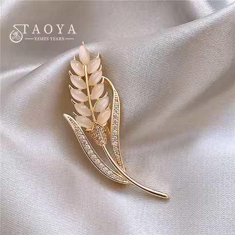 Women's High-end Luxury Micro Inlaid Zircon Opals Metal Wheat Ear Shaped Brooches 2025 Trendy Jewelr
