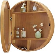 Round Mirror Cabinet Solid Wood Bathroom Mirror Cabinet Bathroom Wall- Mounted Cabinet with Shelf