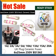 Plug Top Fuse 6x25mm Ceramic Fuse 250V BS1362 Computer Kettle Power Cable Fius Cord 1A 2A 3A 5A 10A 