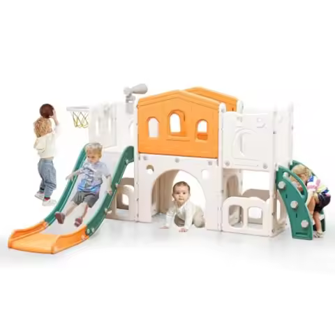 8 in 1 Toddler Slide Set Kid Slide with Basketball Hoop Telescope and Climber Indoor Outdoor Playset