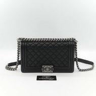 Chanel 香奈兒 Boy Chanel 25 黑色 菱格紋荔枝皮 黑銀 中型皮穿鏈肩背包