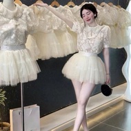 Luxurious lady's set, shirt and skirt set asoo lace lotus collar mixed with mesh skirt 934(Z2) MH