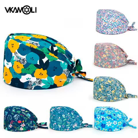 wholesale 17 color Floral printed Scrub Cap pet grooming Work Skull Cap 24 hours delivery women scru