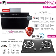 Senz SZ-CH338i IntelClean Twin Turbo Motor MultiHood Cooker Hood 1800M3/H + SZ-GS388 Tri-Ringz Twin Burner Gas Stove 6.4kW