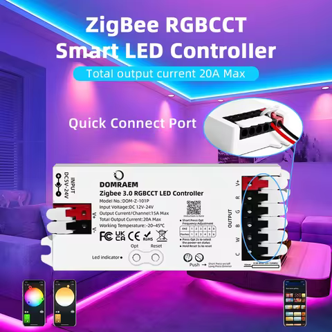 DOMRAEM Zigbee 3.0+2.4G RGBW RGBCCT LED Controller DC12-24V 20A Works with Hu*e/Echo Plus etc. Alexa