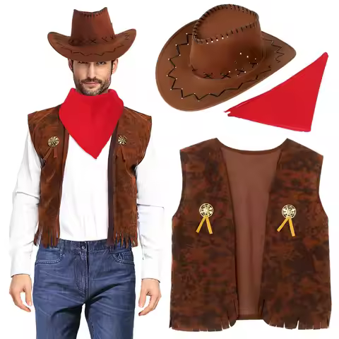 Kids Adult Western Cowgirl Costume Set Vest Hat Bandana Clothing For Halloween Dress Up Party Cospla